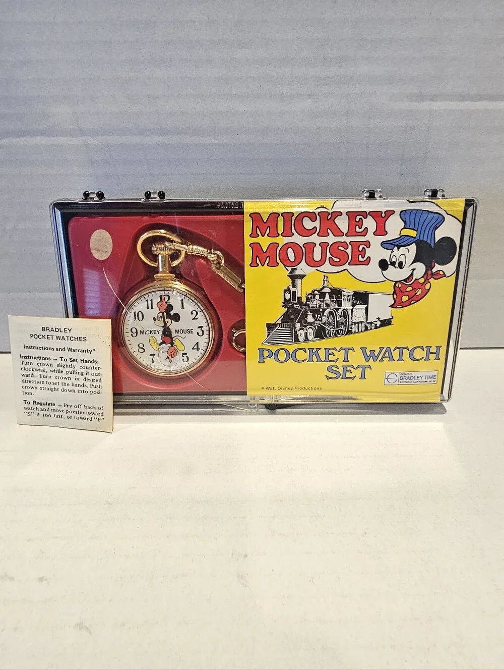 Vintage Bradley Mickey Mouse Gold Train Pocket Watch & Original Case Running